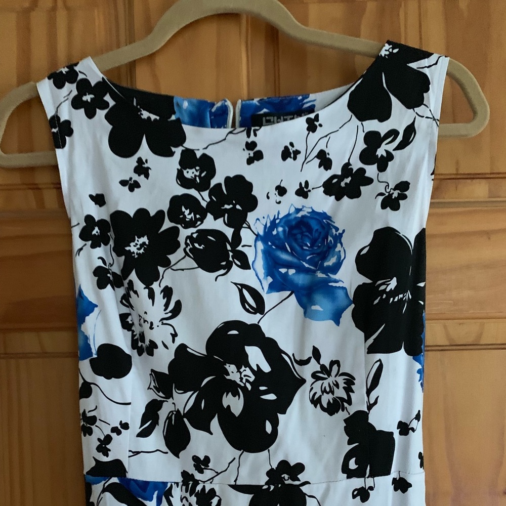 Flowered Blue and Black, White Dress